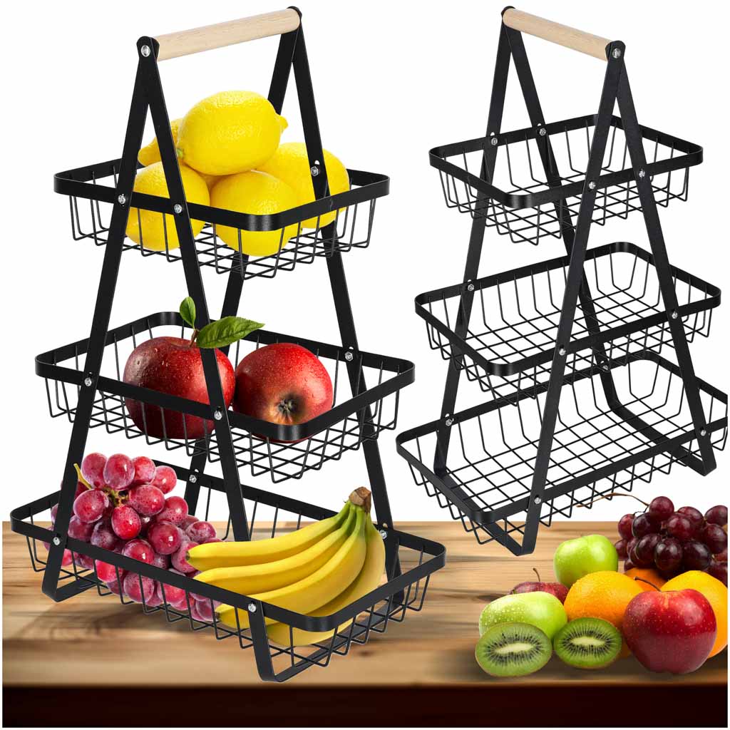Driedelige fruitmand van metaal en hout
